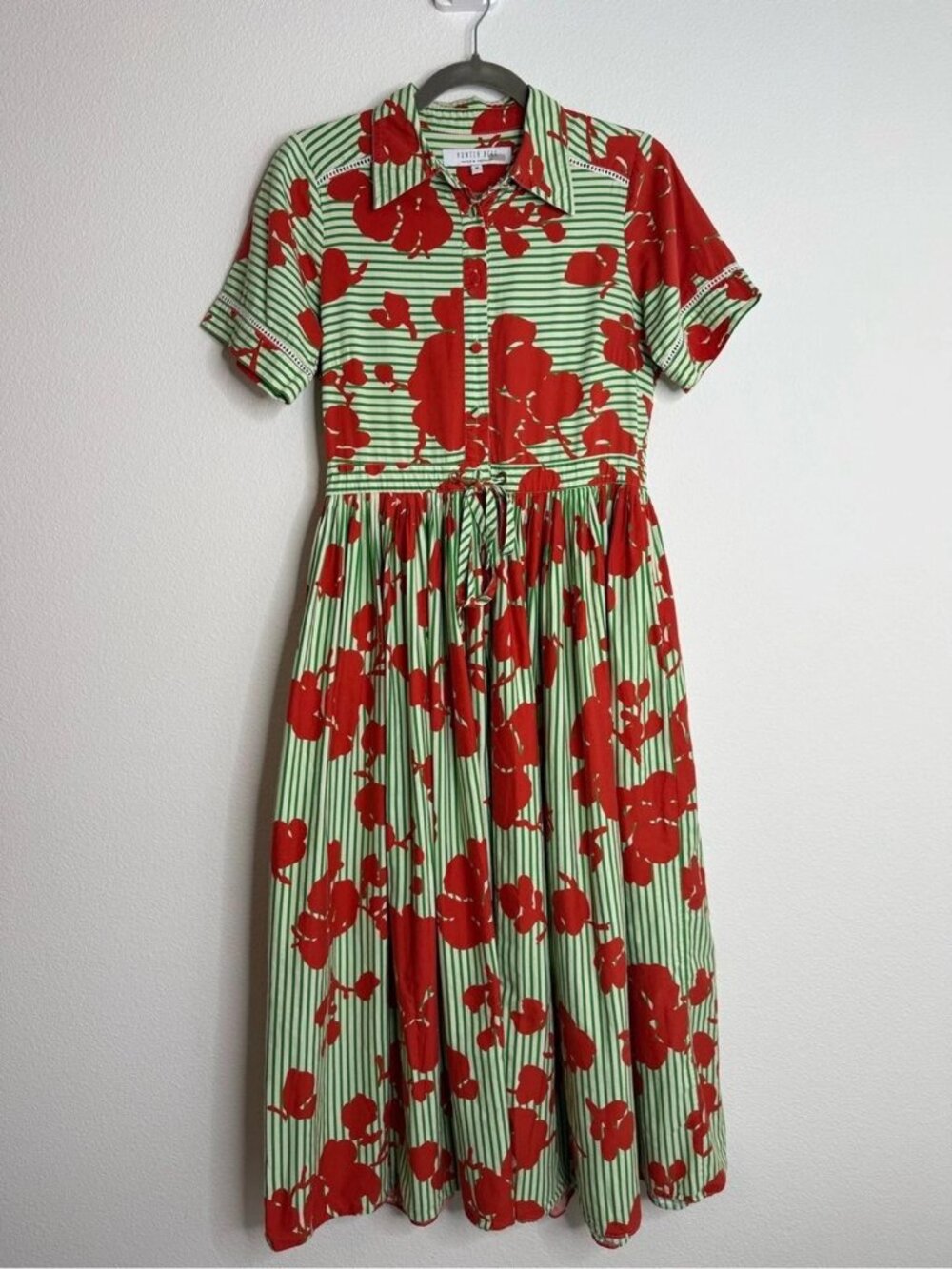 Hunter Bell Colby Midi Dress - Green Striped Cotton Sz Medium